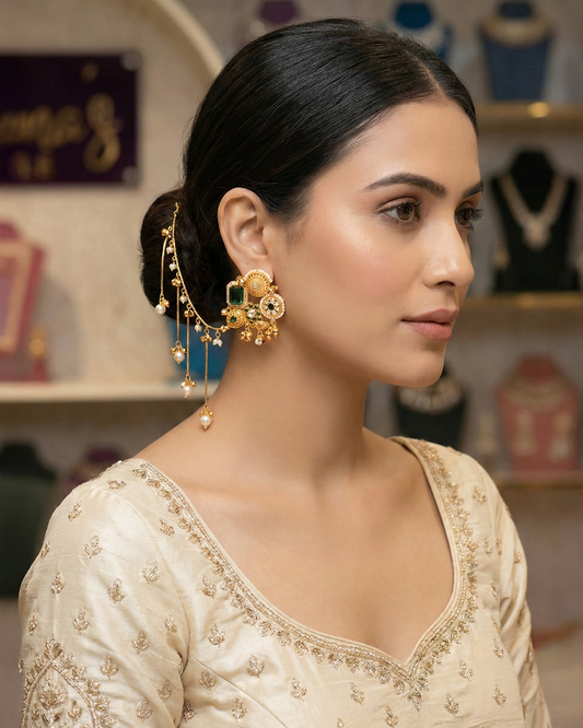 Emerald Yuvika Bahubali Earring with Kaan Chain