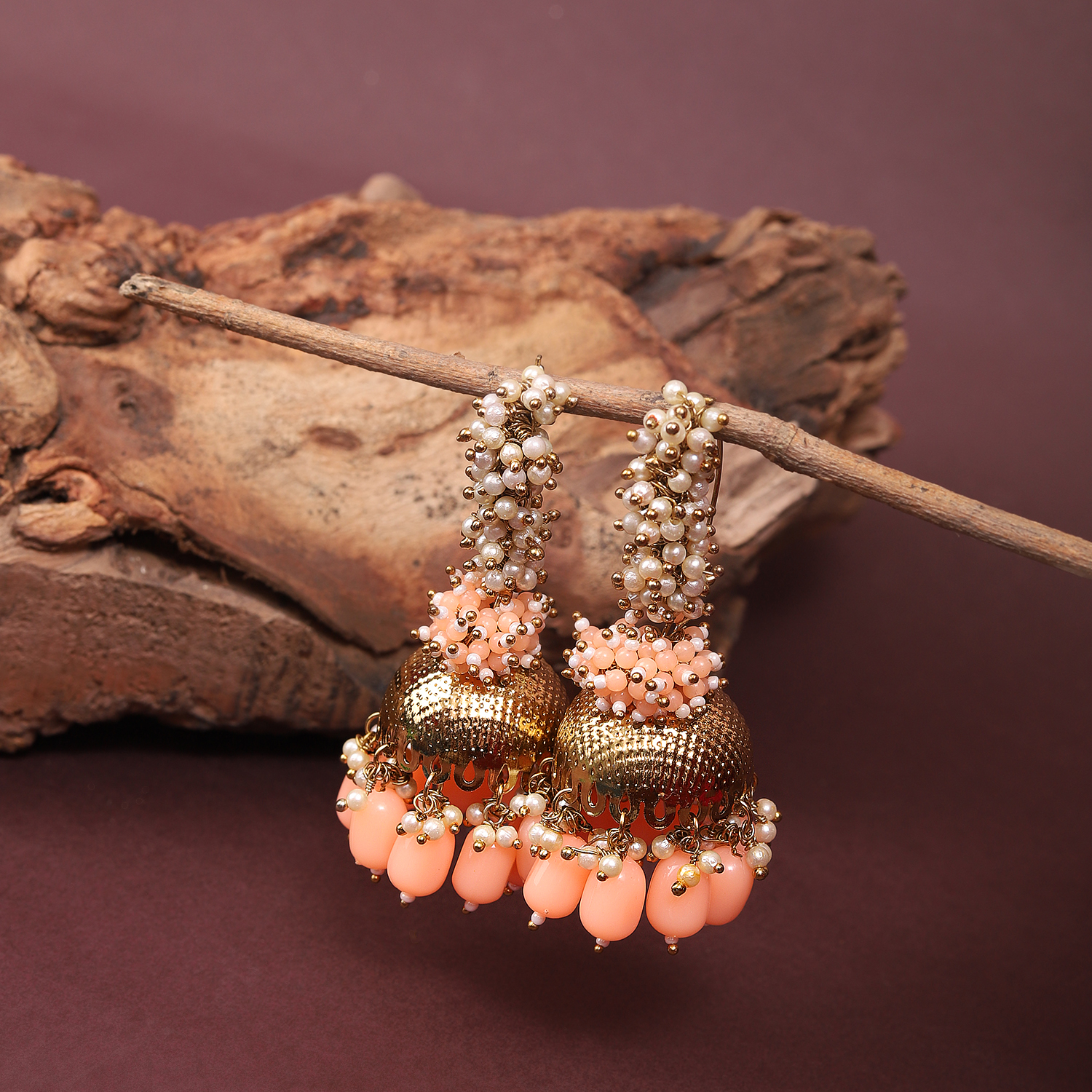 Buy Peach Colour Traditional Jhumka Earrings  Beads Earrings  Fancy  Earring Set Online  Anuradha Art Jewellery